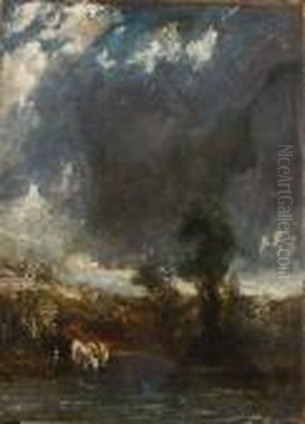 Oil Sketch With Cattle And Clouds Oil Painting by John Constable