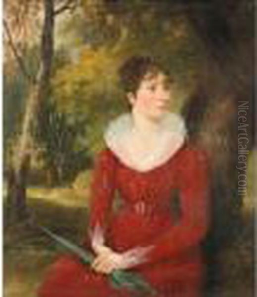 A Portrait Of A Lady Wearing A Red Dress And Holding A Green Parasol Across Her Lap Oil Painting by John Constable