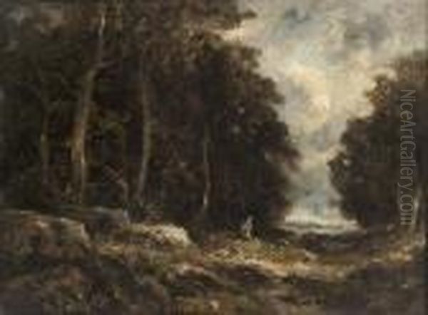 A Wooded Landscape With A Traveller On A Track, A Town Beyond Oil Painting by John Constable