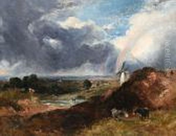 Donkeys And A Windmill In A Landscape Oil Painting by John Constable