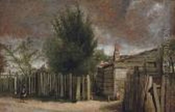 A Wooden Building With A Figure Bya Fence Oil Painting by John Constable