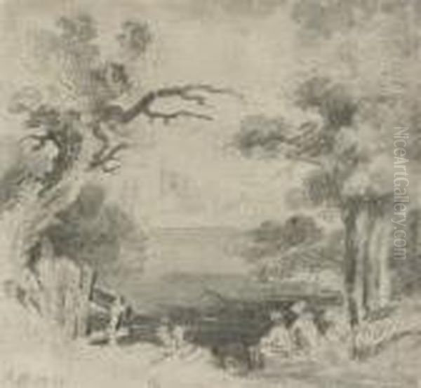 Figures Resting In A Landscape, A Town Beyond Oil Painting by John Constable