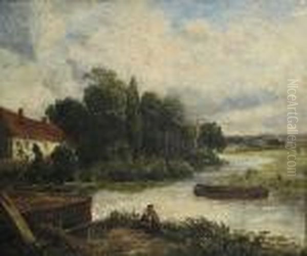 A River Landscape With Figures Oil Painting by John Constable