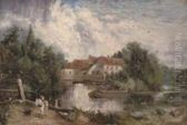 Flatford Mill With A Figure On A White Horse In The Foreground Oil Painting by John Constable