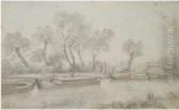 Barges On The River Stour At Flatford, Suffolk Oil Painting by John Constable