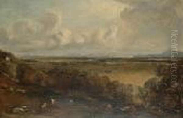 An Extensive Landscape With Cows
 And Sheep Grazing In The Foreground, A View To Mountains In The 
Distance Oil Painting by John Constable