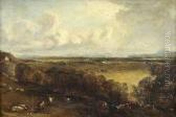 A Panoramic View Of A River Valley With Cattle In Theforeground Oil Painting by John Constable