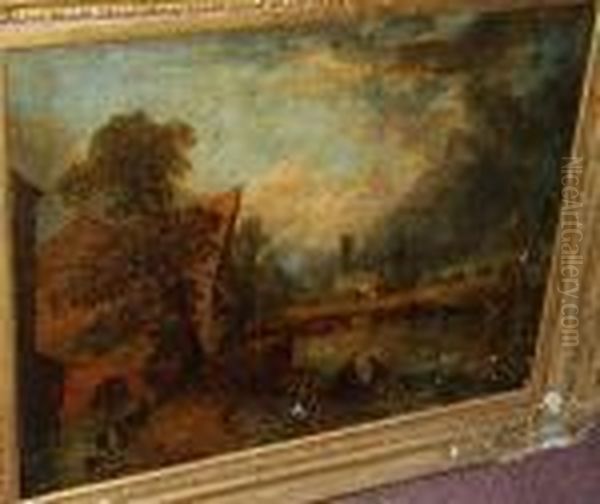 Figures By A Mill, A Church Beyond Oil Painting by John Constable