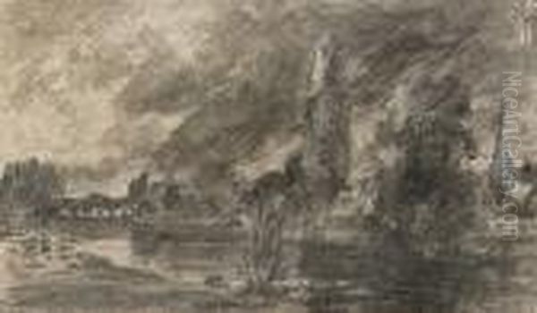 A View Of Salisbury Cathedral And Harnham Bridge (recto); A Letter (verso) Oil Painting by John Constable