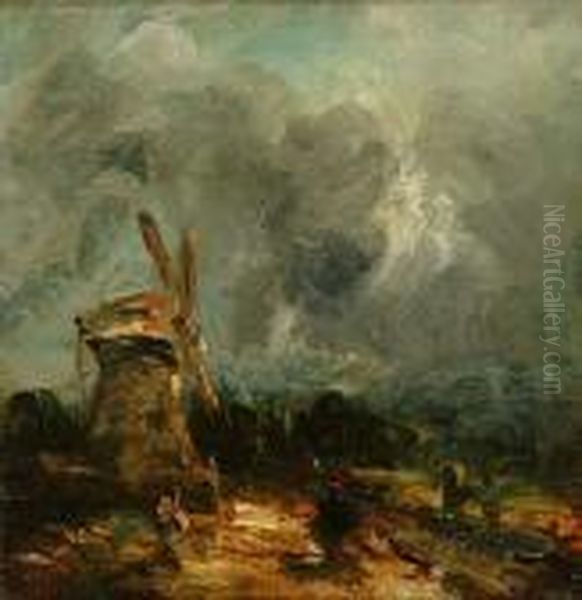 Extensive Landscape With Figure And Windmill In The Foreground Oil Painting by John Constable