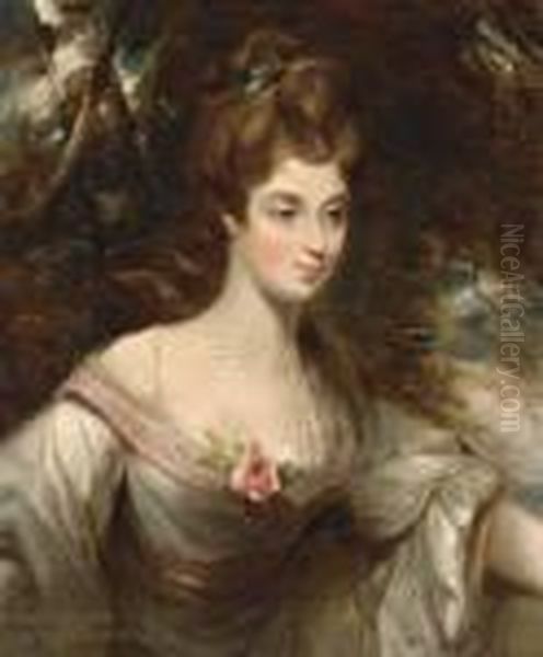 Portrait Of Elizabeth, Lady 
Croft, Half-length, In A White Dresswith A Pink Sash, In A Wooded 
Landscape Oil Painting by John Constable