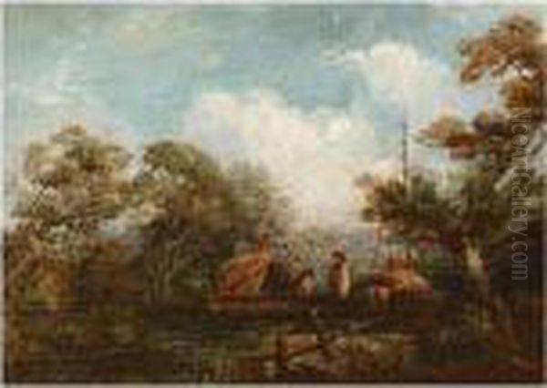 River Landscape With Figures On A Barge Oil Painting by John Constable