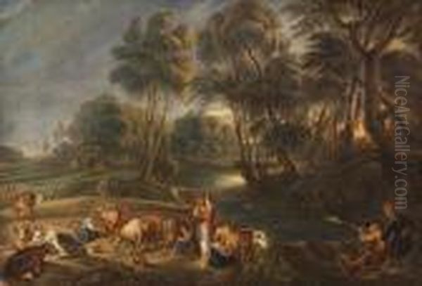 Landscape With Milkmaids And Huntsmen Oil Painting by John Constable