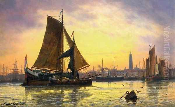 Barges Docking at a Harbour, Antwerp Oil Painting by Charles Euphraisie Kuwasseg