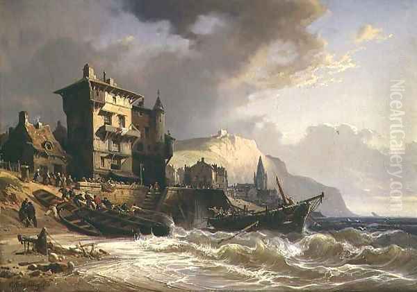 Hauling the Boats ashore on the Coast of Brittany Oil Painting by Charles Euphraisie Kuwasseg