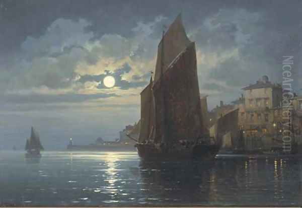 Vessels at their moorings under moonlight Oil Painting by Charles Euphraisie Kuwasseg