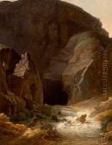 Pecheurs Aux Abords D'une Grotte A Fontaine - De - Vaucluse Oil Painting by Jean Antoine Constantin D'Aix