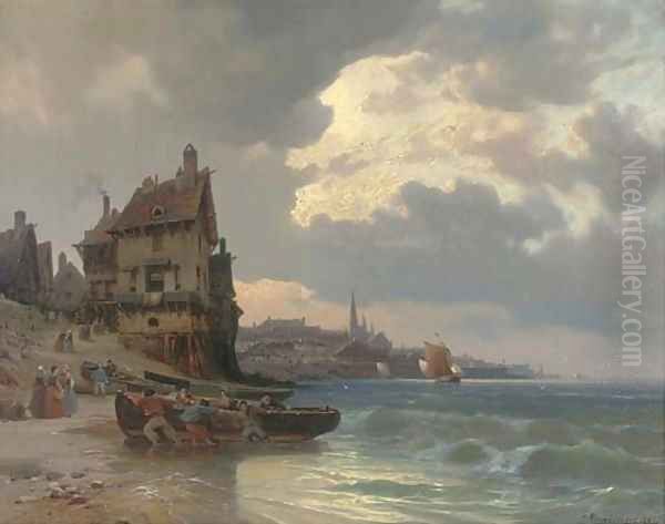 Dragging a fishing boat ashore by a French port Oil Painting by Charles Euphraisie Kuwasseg