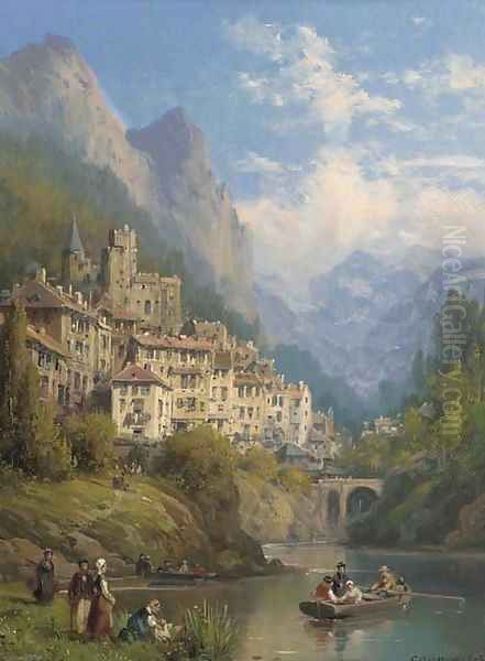 A lakeside town in Piemonte Oil Painting by Charles Euphraisie Kuwasseg