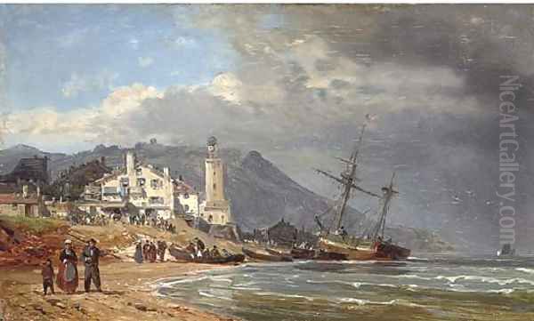 Unloading vessels on the Normandy coast Oil Painting by Charles Euphraisie Kuwasseg