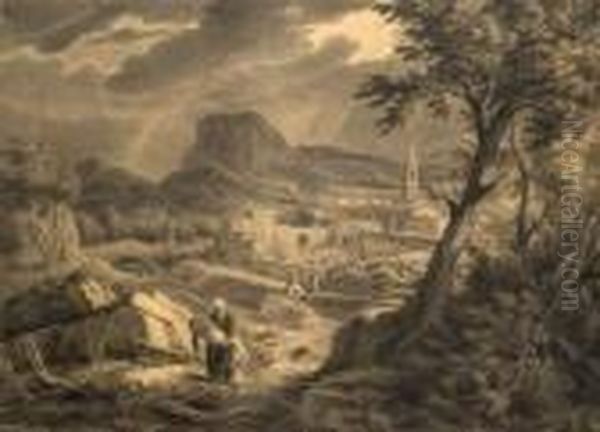 Episode Historique De 1806. (vue De La Ville De Digne). Oil Painting by Jean Antoine Constantin D'Aix