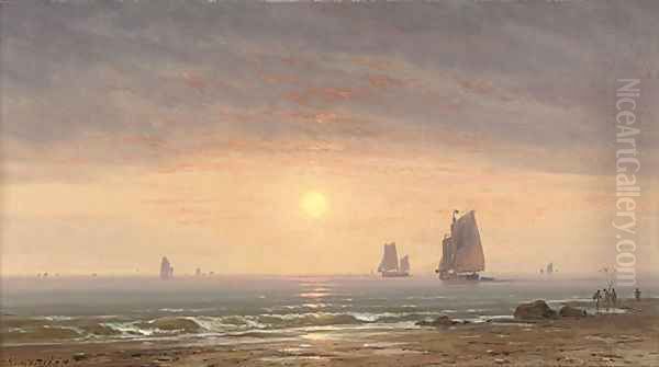 Fishing vessels off the coast at dusk Oil Painting by Charles Euphraisie Kuwasseg