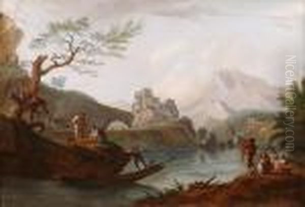 Chteau Etpecheurs Au Bord Du Lac Oil Painting by Jean Antoine Constantin D'Aix