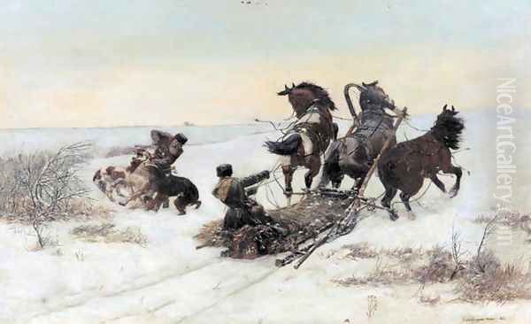 Sledge Attacked by Wolves Oil Painting by Bodhan Von Kleczynski