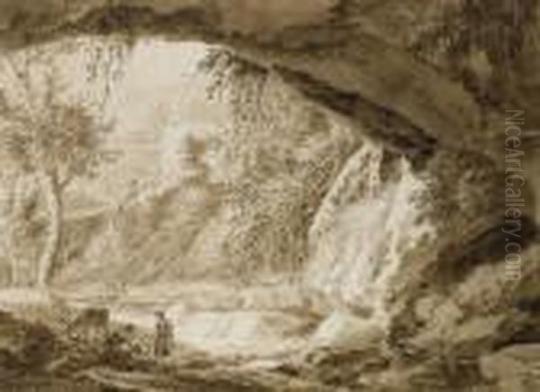 Un Couple Avec Un Ane Dans Une 
Grotte Dans Un Paysage Rocheux Avec Une Batisse A L'arriere-plan Oil Painting by Jean Antoine Constantin D'Aix