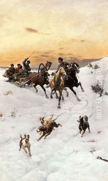 Figures in a Horse drawn Sleigh in a Winter Landscape Oil Painting by Bodhan Von Kleczynski