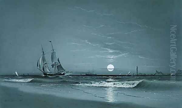 Entrance to Harbor--Moonlight Oil Painting by David Johnson Kennedy