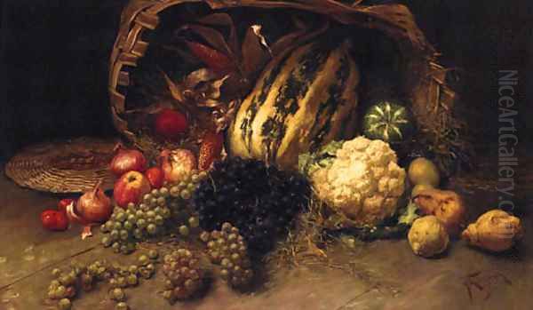 Grapes, Apples, Pears, Onions, Cauliflower And Marrows Beside An Upturned Basket On A Table Oil Painting by Franck Kirchbach