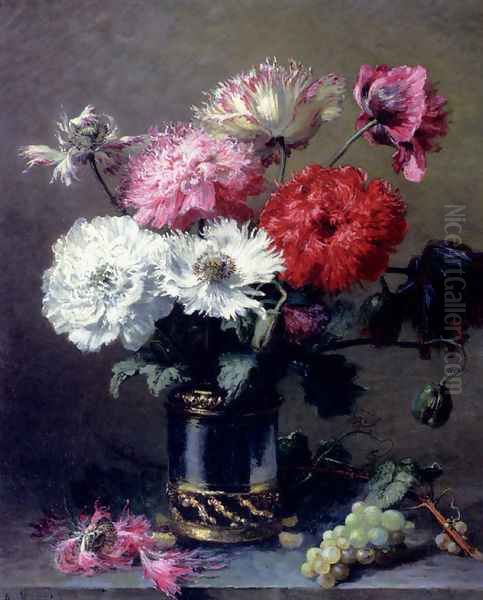 Poppies In A Metal Vase With A Bunch Of Grapes On A Table Oil Painting by Alexis Kreijder