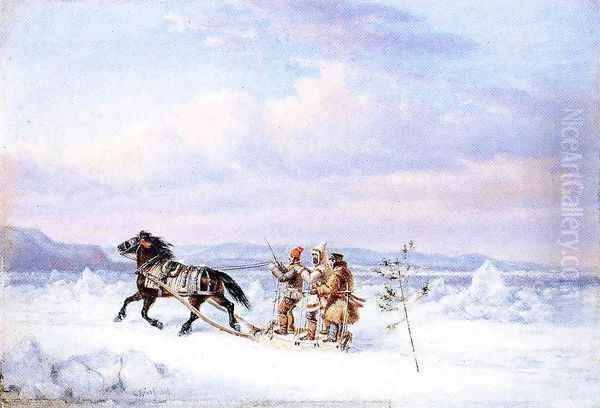 Huntsmen in Horsedrawn Sleigh Oil Painting by Cornelius David Krieghoff