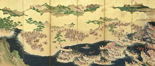 Six Fold Screen depicting Battle of the Genji and the Heike Clans Oil Painting by Yusetsu Kaiho