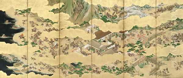 Six Fold Screen depicting Battle of the Genji and the Heike Clans 2 Oil Painting by Yusetsu Kaiho