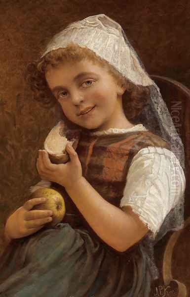 Girl with a Slice of Bread and an Apple Oil Painting by Jan Pomian Kruszynski