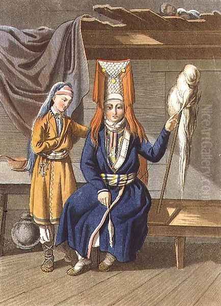 Votyak Women Spinning Oil Painting by E. Karnejeff