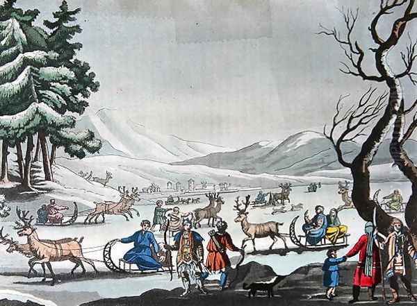 Tungus leaving their winter camp on sleighs pulled by reindeer Oil Painting by E. Karnejeff