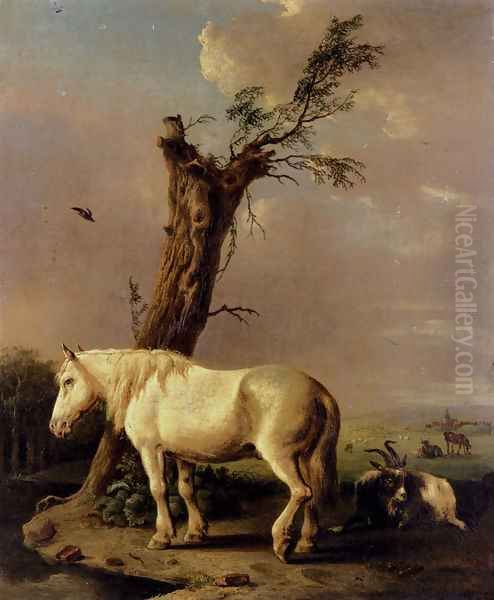 A Pony, Goat And Resting Cattle In A Landscape Oil Painting by Jan Kobell