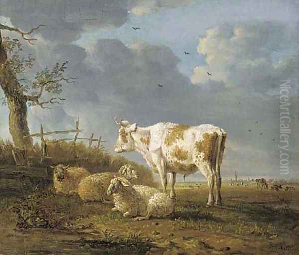 A pastoral landscape with a cow and sheep by a tree Oil Painting by Jan Kobell