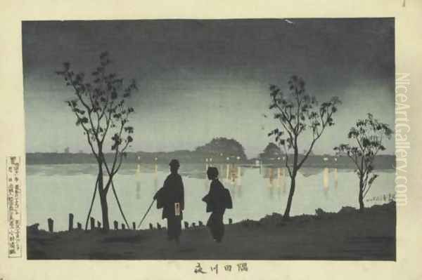 Sumidagawa at Night (Sumidagawa yoru) Oil Painting by Kobayashi Kiyochika