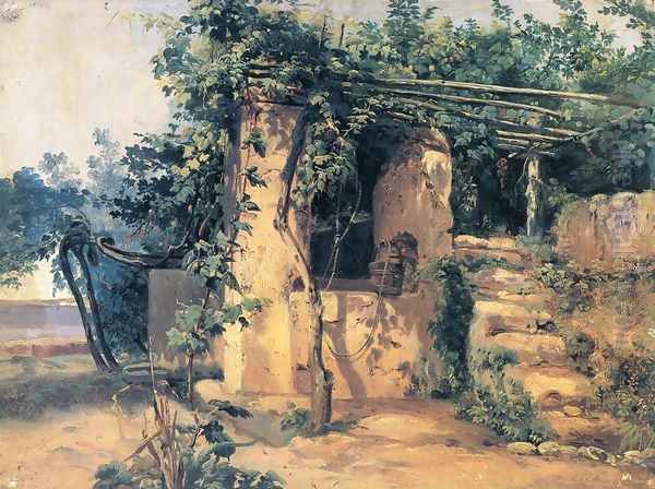 A Vine-Covered Terrace with a Well and a View of the Sea Oil Painting by Johann Baptist Kirner