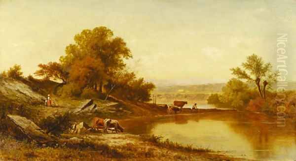 Cattle Watering Oil Painting by Charles Wilson Knapp