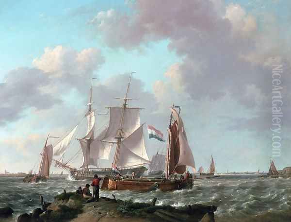 Ships in a Squall with Figures on the Shore Oil Painting by Johannes Hermanus Koekkoek