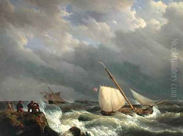 Vessels on a Lee Shore in a Gale of Wind Oil Painting by Johannes Hermanus Koekkoek