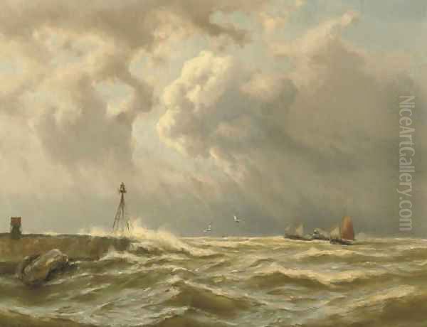 Sailing ships and a paddle steamer by a coast Oil Painting by Johannes Hermanus Koekkoek