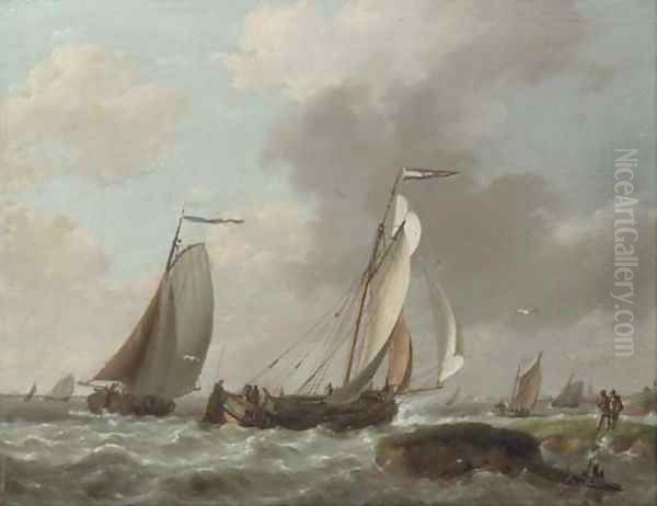 Shipping by a coast in a brisk wind Oil Painting by Johannes Hermanus Koekkoek