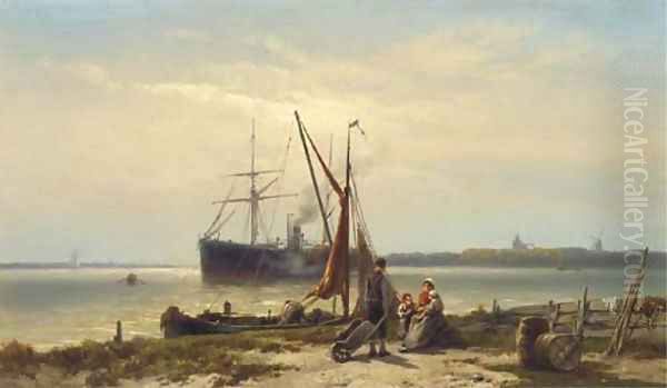 A steamship anchored in a river Oil Painting by Johannes Hermanus Koekkoek