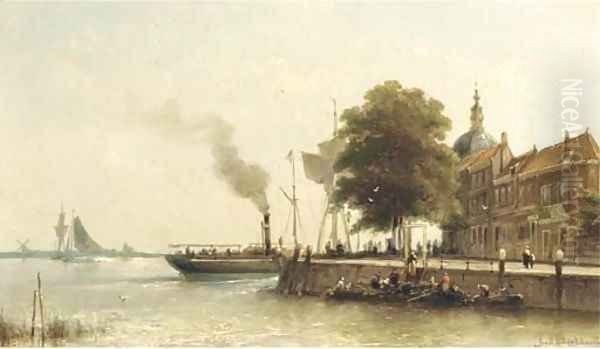 Aan de kade a steamship passing the Groot Hoofd, Dordrecht Oil Painting by Johannes Hermanus Koekkoek